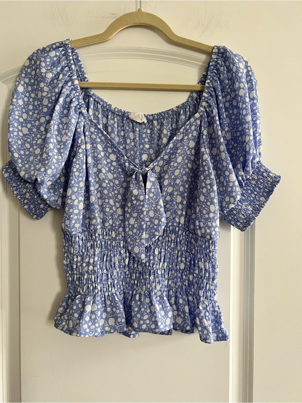 Sienna Sky Blue and White Floral Tie-Front Smocked Top